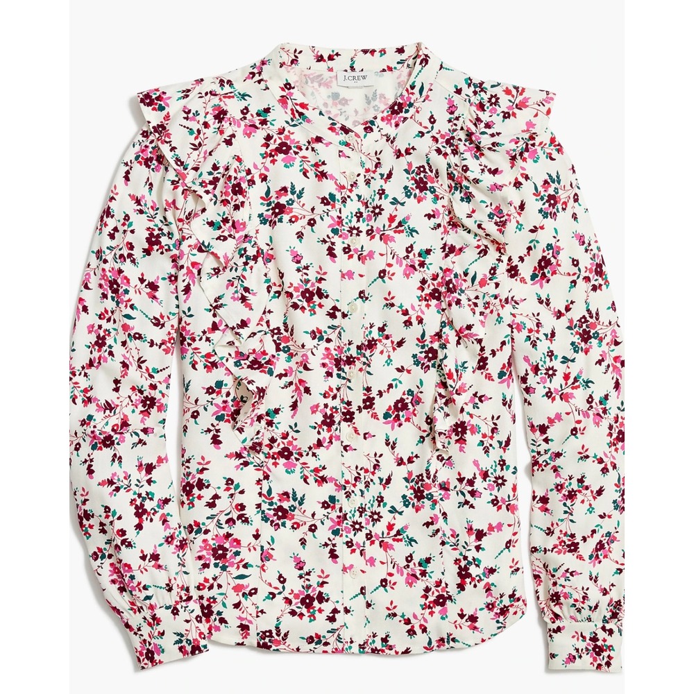 J Crew Floral Printed Ruffle Top Small Multicolor Button Up Preppy Romantic